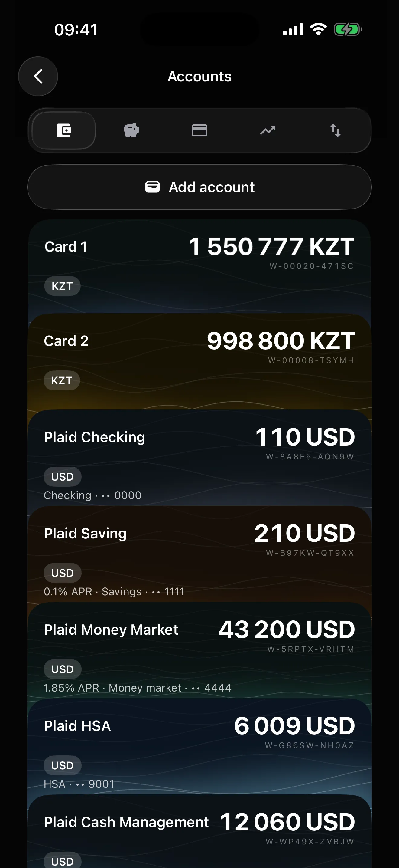 Accounts screen: two tenge cards plus connected Plaid checking, savings, money market, HSA, and cash accounts, each card carrying its own generated wave pattern and code