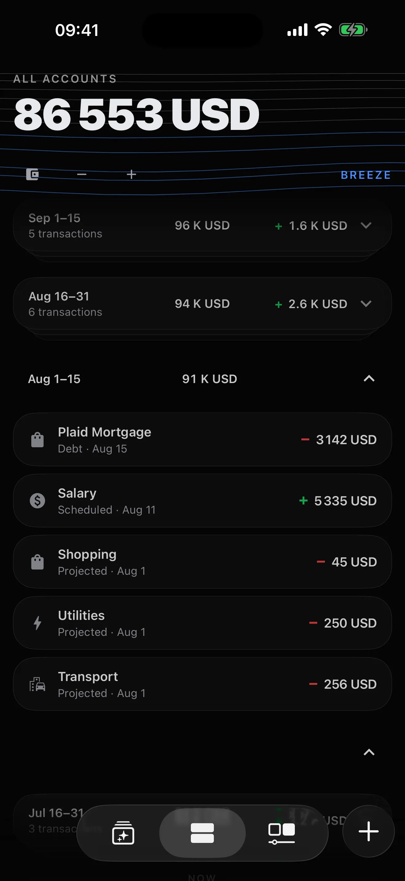 Home feed with the Aug 1 to 15 period expanded: a scheduled salary of +5,335, a Plaid mortgage debit of -3,142, and projected shopping, utilities, and transport